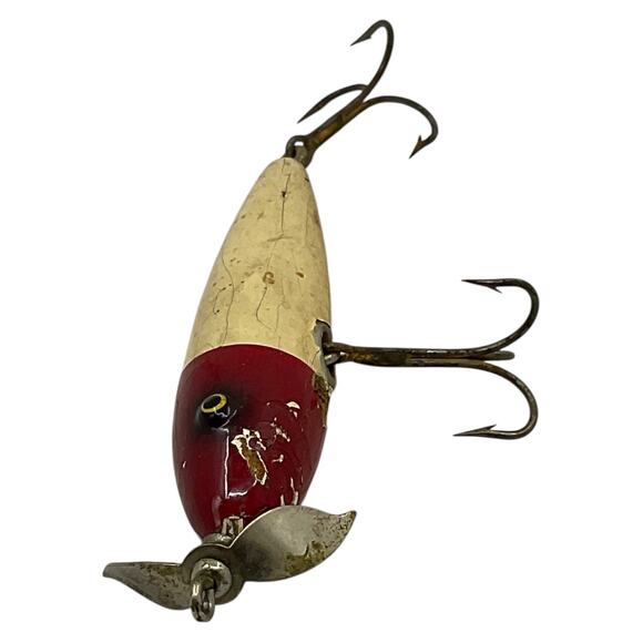 Vintage Wooden Fishing Lure Red Head White Body Propeller Topwater - Picture 3 of 5